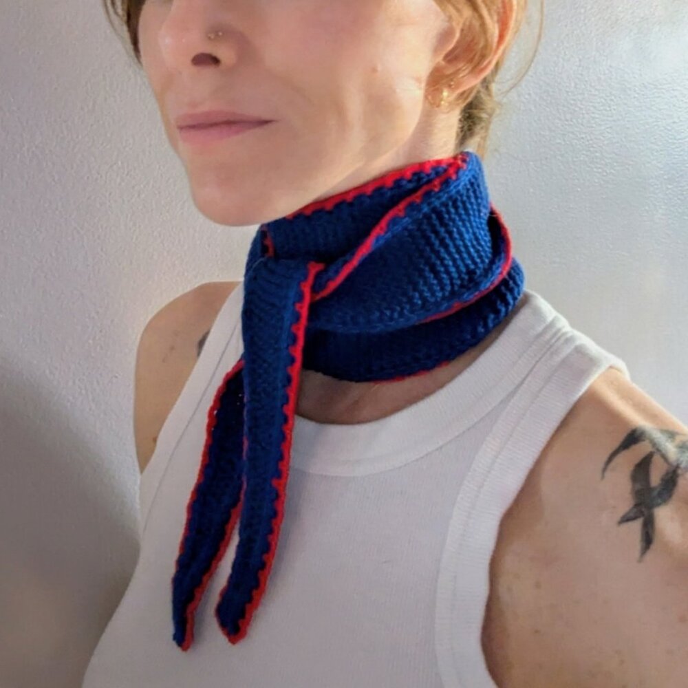 Handmade PetiteKnit Sophie Skinny Scarf Crimson & Cobalt Blue | Scandi Cool Girl - Picture 15 of 15